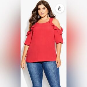 City Chic Vibrant Raspberry Red Ruffle Sleeve Blouse, Top Wild Sleeve, S/16